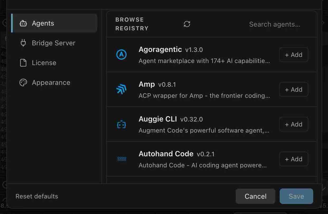 ACP Pro agent registry open in VS Code with compatible coding agents ready to add