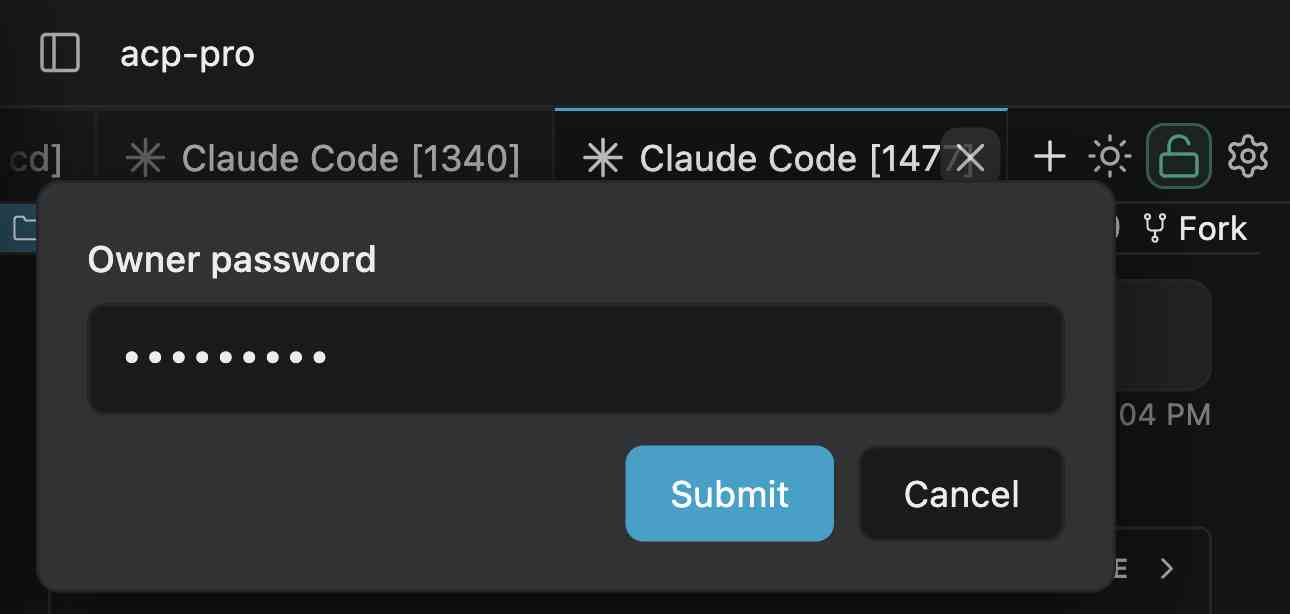 ACP Pro browser workspace requesting the owner password before enabling owner controls