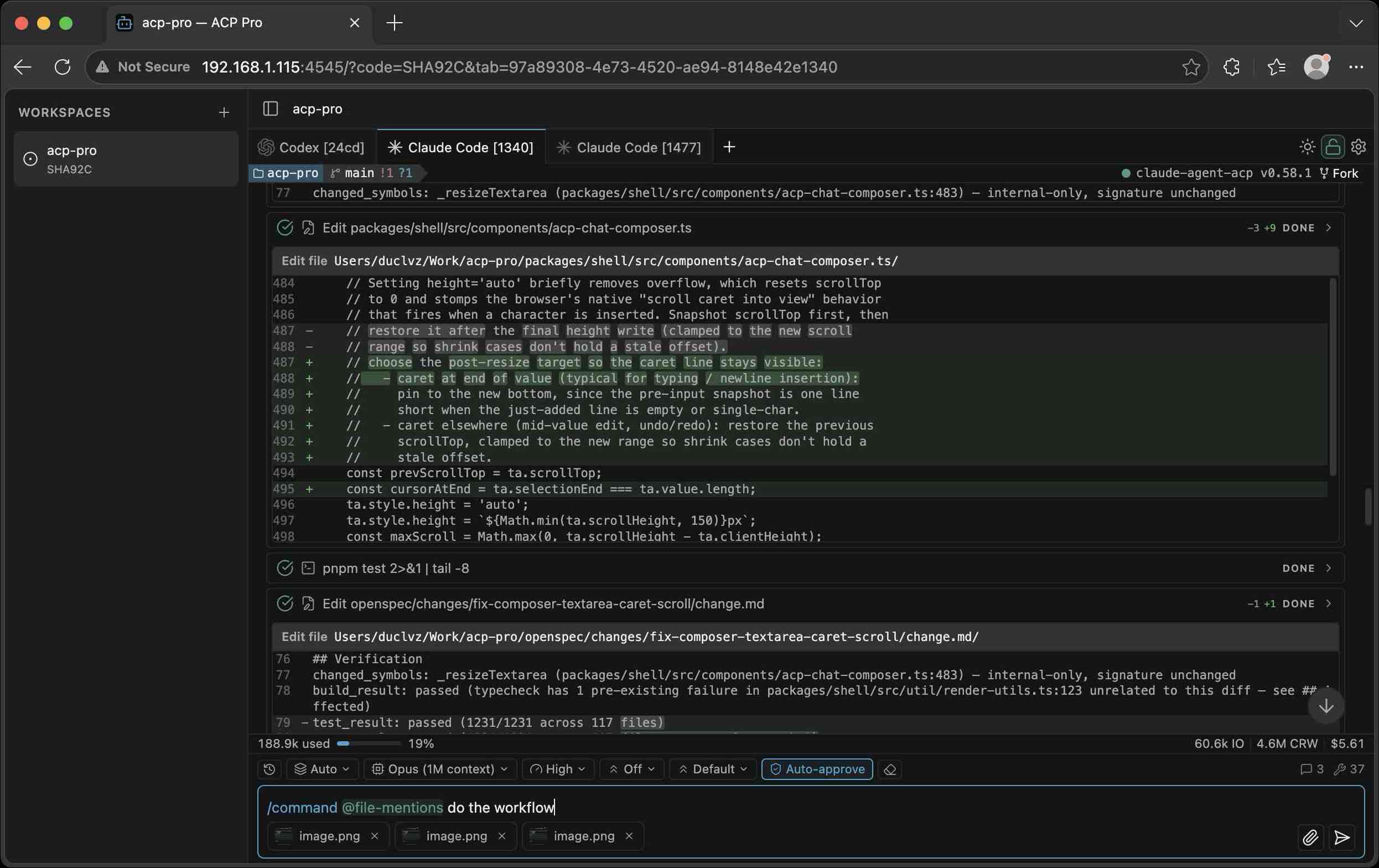 ACP Pro live workspace open in a desktop browser with agent tabs, tool results, and a file diff