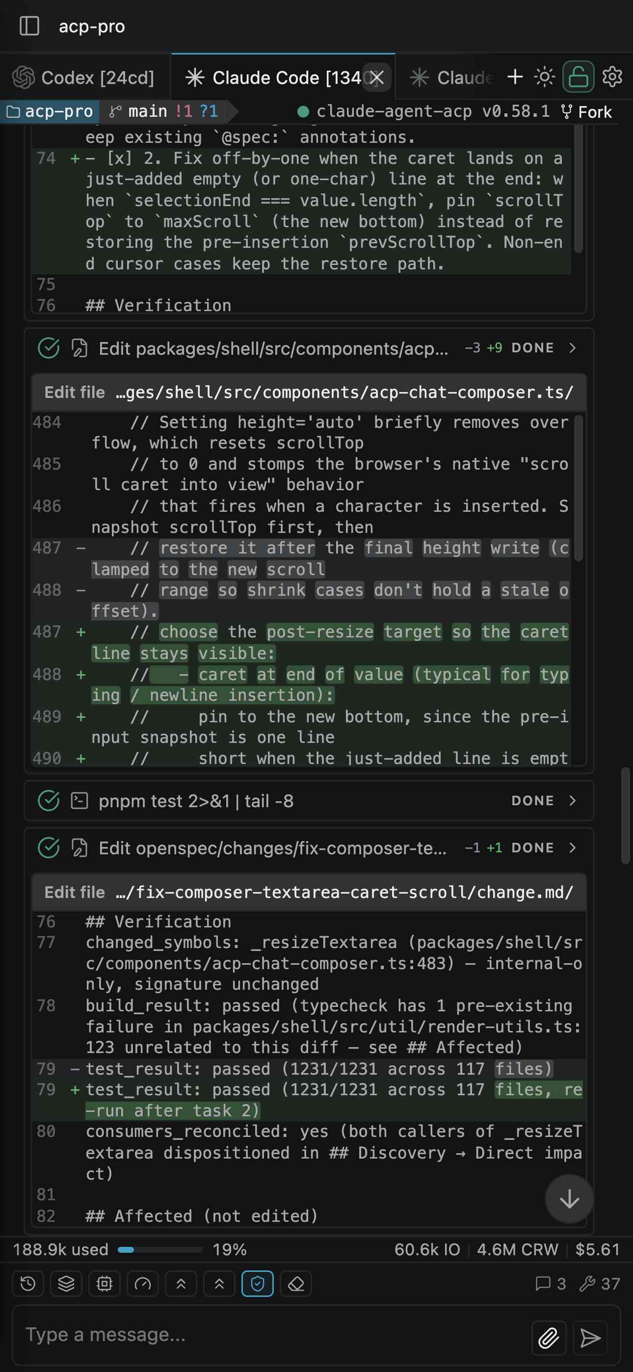 ACP Pro live workspace on a phone browser showing agent progress, diffs, usage, controls, and the composer