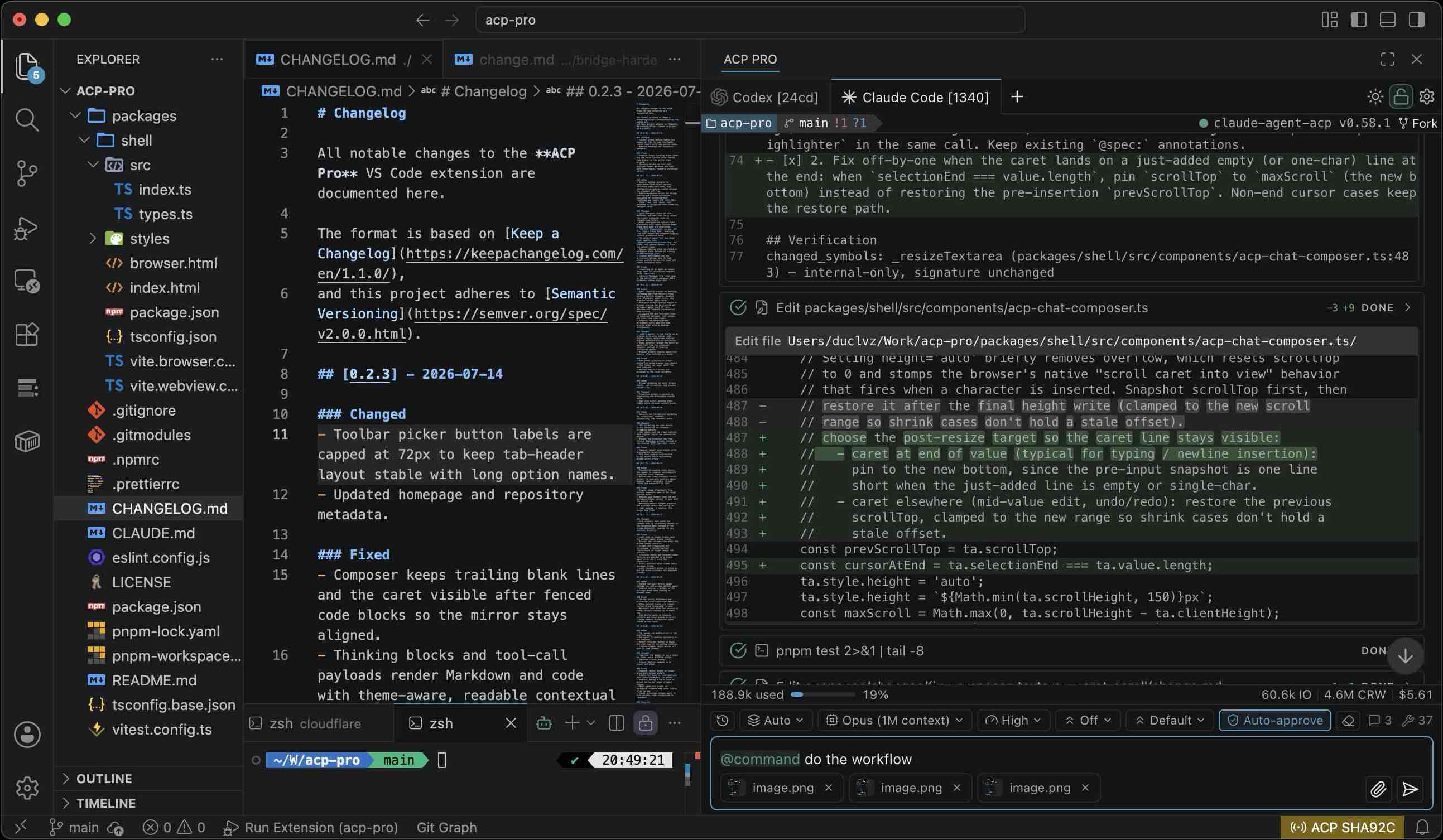 ACP Pro sidebar showing parallel sessions, a live file diff, completed tool calls, git context, and composer controls