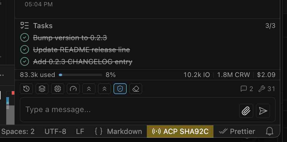 ACP Pro task plan, token and cost usage, model toolbar, permission control, and message composer